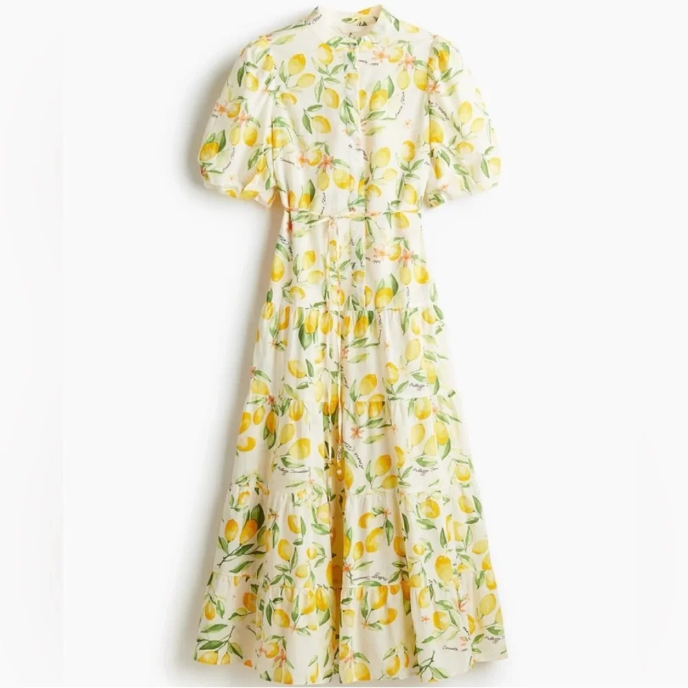 H&M Lemon Floral Maxi Dress — 100% Cotton, Romantic Puff Sleeve Dress - Picture 1 of 7